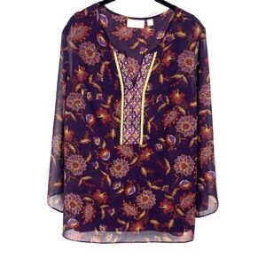 Belle Kim Gravel V-Neck Tunic Top sz 1X Purple Red 3/4 Bell Sleeves Lined Sheer